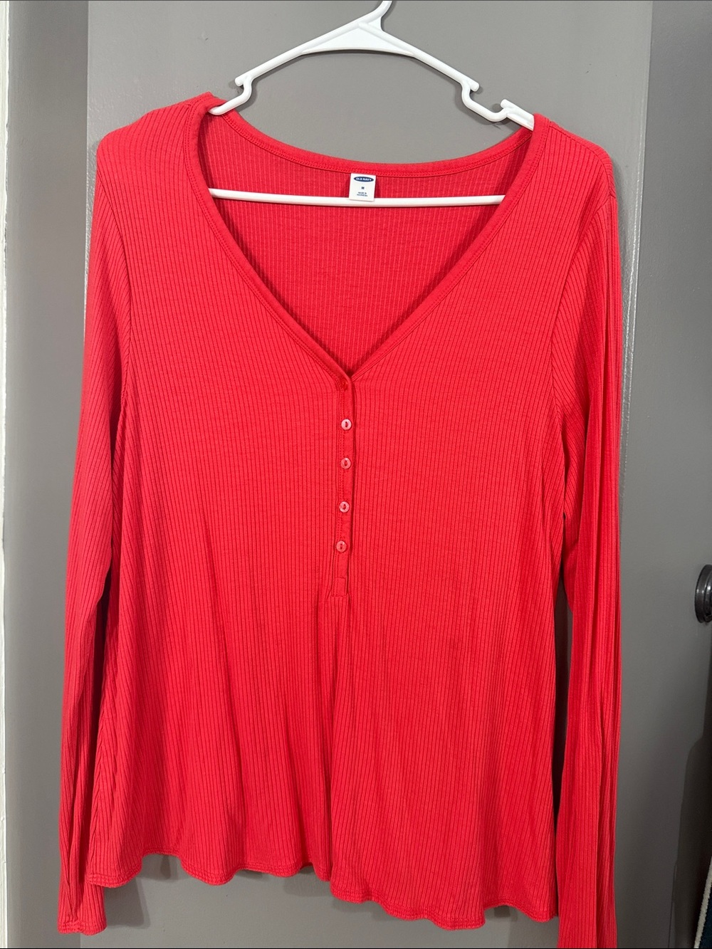 Old Navy Red Ribbed Henley Long Sleeve Top